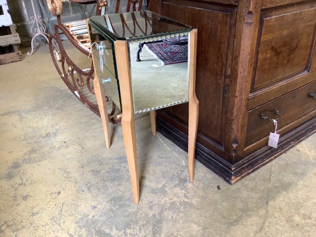 Mid century design. A French mirrored two drawer bedside table, width 42cm, depth 29cm, height 62cm